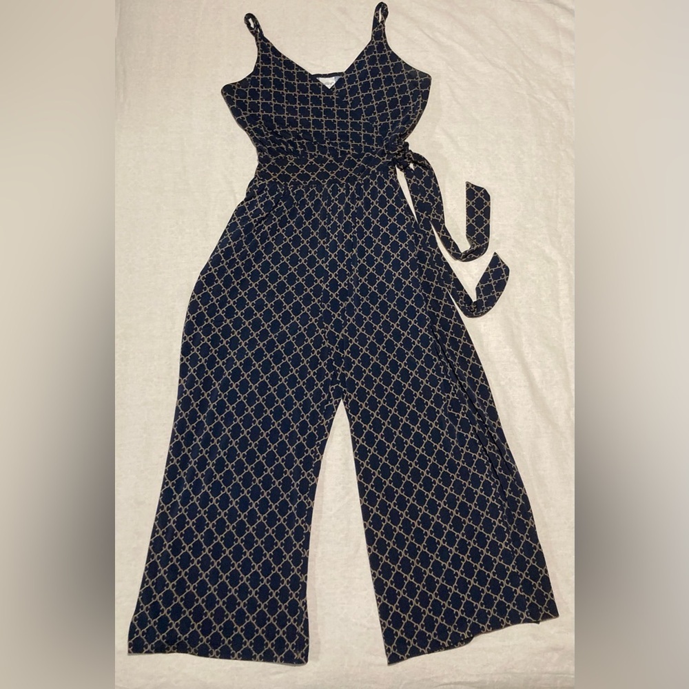 Kaileigh Cream and Blue Wide-Leg Jumpsuit with‎ Geometric Pattern
